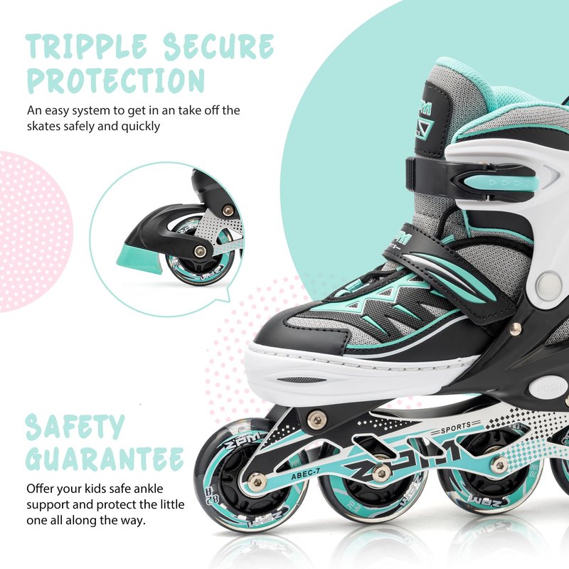 2PM SPORTS Cytia Pink Girls Adjustable Illuminating Inline Skates with Light up Wheels, Fun Flashing Beginner Roller Skates for Kids (Mint, Large - Youth (3-6 US))