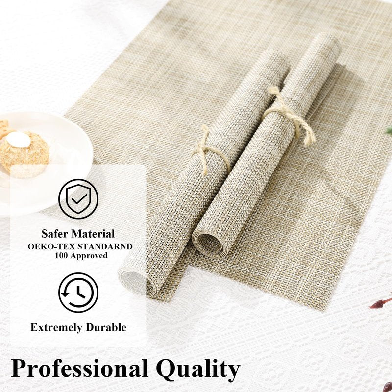 SHACOS Placemats Set of 6 Woven Vinyl Place Mats Wipeable Heat Resistant Stain Resistant Table Mats Indoor Outdoor, Beige
