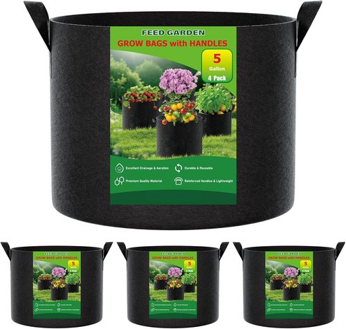 FEED GARDEN 5 Gallon Grow Bags - 4 Pack of Durable Non-Woven Fabric Plant Pots with Reinforced Handles for Indoor & Outdoor Vegetables, Flowers, and Herbs