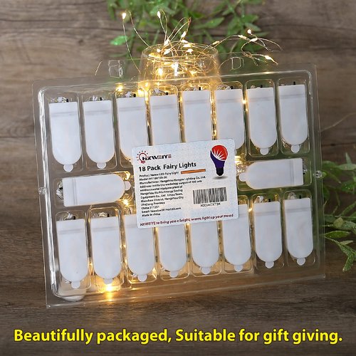 HXWEIYE 18 Pack Fairy Lights Battery Operated, 7ft 20LED Warm White Led Mini String Lights Mason Jar Lights, Waterproof Firefly Starry Light for Mason Jars Indoor Outdoor Wedding Party Crafts DIY