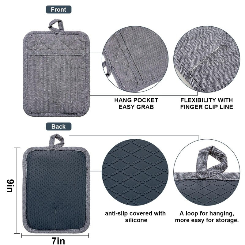 Pot Holders Yarn-Dyed Set of 3 Non Slip Silicone Kitchen Lines Heat Resistant 500℉ Kitchen Gloves BBQ Cooking Baking Women Men Cooking Barbecue Microwave Machine Washable (Gray Potholders)