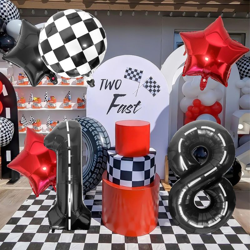 Race Car 8 Balloons 40 Inch Racetrack Number 8 Balloon, Road Balloon Checkered Balloons Star Balloons Large Black Racing Car 8 Balloon for Race Car Truck Tire Theme Boys 8th Birthday Party Supplies