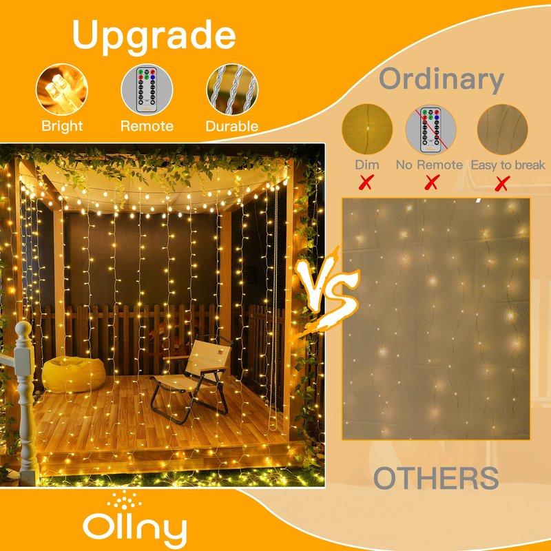 Ollny Curtain Lights 6.6x6.6ft, 200 LED String Lights with Remote 8 Modes Dimmable Timer, USB Power Fairy Light for Bedroom Backdrop Indoor Wall Window Christmas Decorations, Warm White