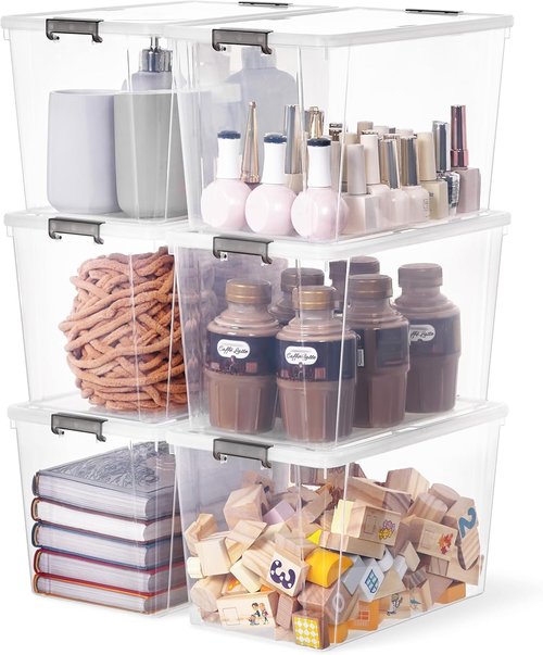 Citylife 7.8 QT Small Storage Bins - Stackable Plastic Containers with Lids | Clear White 6-Pack
