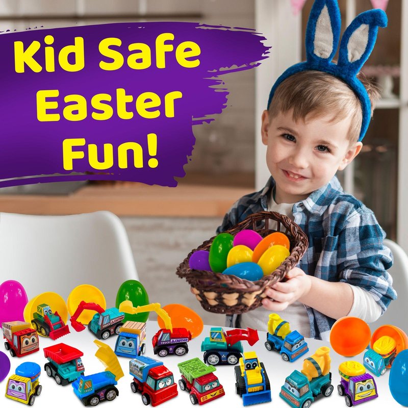 stargo 24 Pack Colorful Prefilled Easter Eggs bulk with toys - Mini Car set Construction Engineering Vehicles pull-back cars. Plastic Easter Eggs Filled, Basket Fillers, Party Favors, Boys Goodie Bags