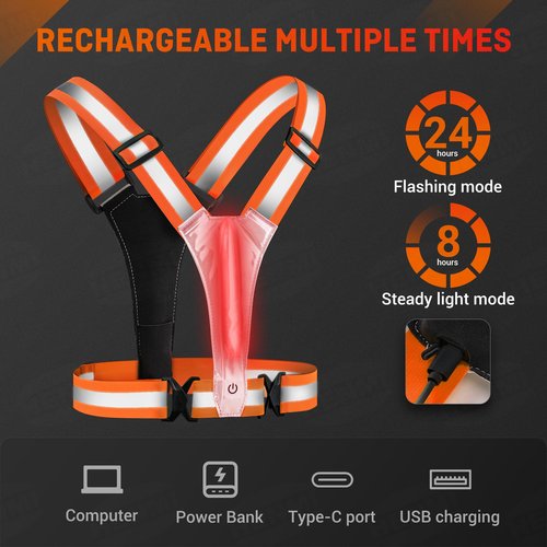 HENMI LED Reflective Running Vest,Rechargeable Running Gear,3 Lighting Modes and 5 Lights Colors Reflective Vest for Running Cycling Walking(Orange)