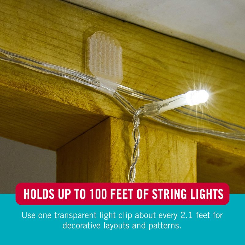 VELCRO Brand Indoor Light Clips for Hanging String Lights, Holds Up to 100 ft, Transparent Peel‑and‑Stick Wall Clips for Any Shape or Configuration, Damage‑Free and Removable, Pack of 48