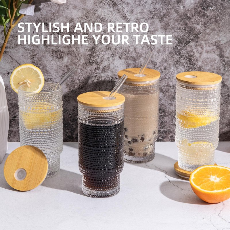 MRZIKPO Drinking Glasses with Bamboo Lids and Glass Straw 4pcs Set,16oz Glass Tumbler Cups,Water Glasses,Iced Coffee Glasses,iced Tea Glasses,Beer Glasses,Ideal for Whiskey,2 Brushes