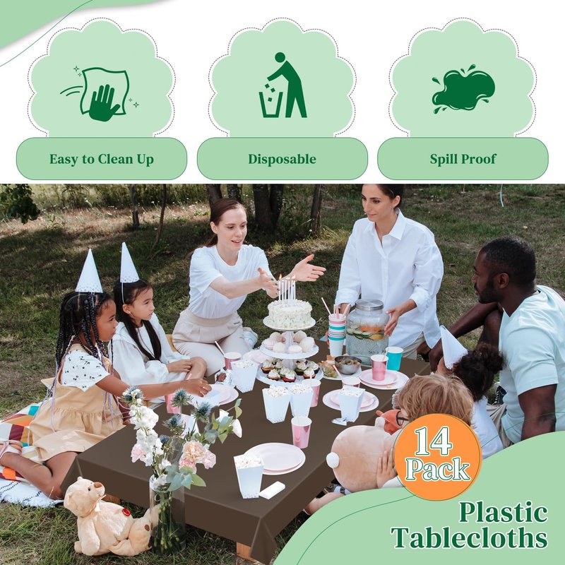 Kongdaoth Brown 14 Pack 54 x 108 Inch Plastic Tablecloths, Disposable Rectangle Tablecloth, Party Table Cover Plastic Table Cloth