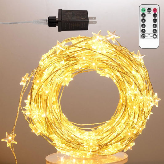 ZELUXDOT Star String Lights Plug in,40FT 120 LEDs Star Fairy Lights,Waterproof Starry Light with 8 Modes Remote for Outdoor Indoor Christmas Wedding Garden Ramadan Decor,Silver Wire,Warm White