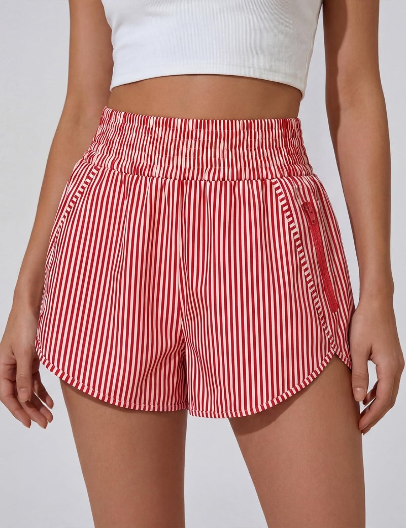 BMJL Women's Athletic Shorts High Waisted Running Short Pocket 2.5" Sporty Shorts Gym Elastic Workout Shorts(L,Red Striped)