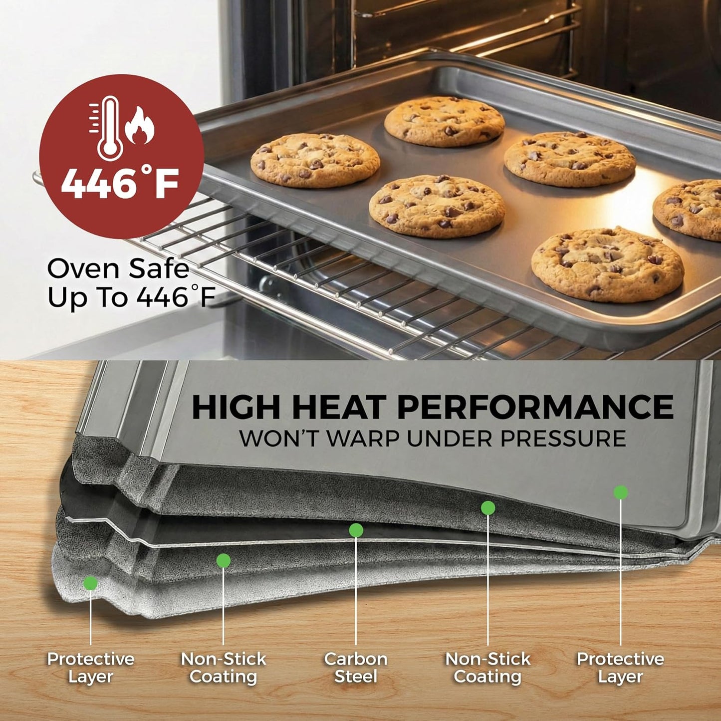 PERLLI Non-Stick Baking Pan Set - 3-Piece Carbon Steel with Even Heat Distribution | Oven Safe to 446°F, BPA-Free, Dishwasher Safe, Stackable - Gray