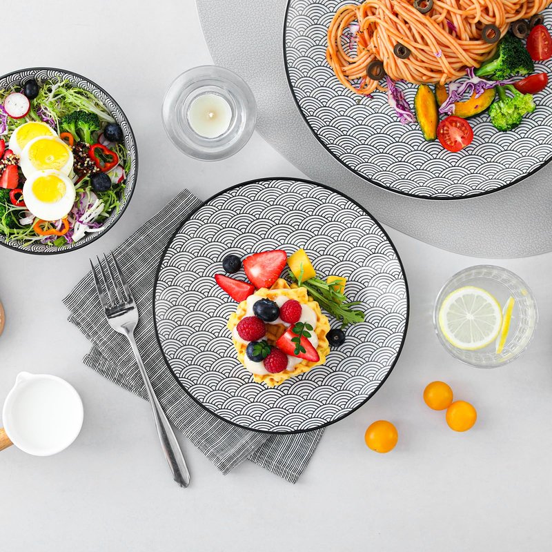 vancasso Haruka 12 Pieces Plates and Bowls Set, Ceramic Dinnerware Sets for 4, Black and White Porcelain Dishes Set