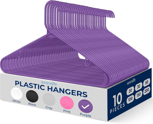 SereneLife Premium Plastic Hangers - Lightweight, Durable Space-Saving Organizers for Clothes | 10 Pack in Purple
