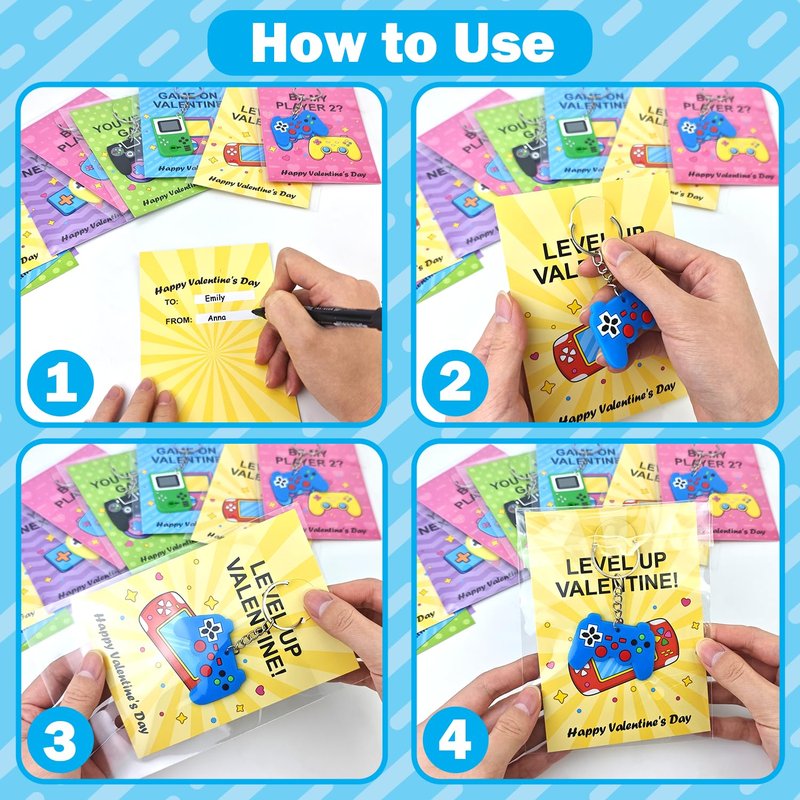 Bulk Valentines Non Candy Gifts Toys Party Favors for Kids School, 48 Pack Valentines Video Game Keychains Exchange Cards for Boys Girls, Goodie Bag Stuffers Fillers Games Activities for Students
