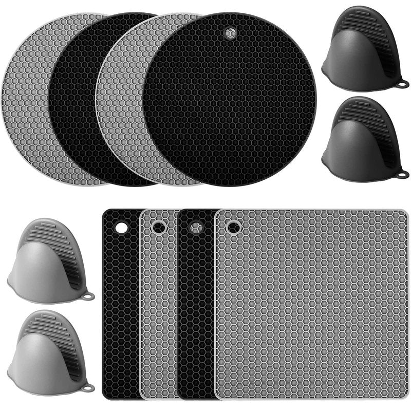 Remagr 12 Pack Silicone Trivet Mats Hot Pads with Silicone Oven Mitts Non Slip Pot Holders Heat Resistant Trivet Pads Cooking for Kitchen Counter Table Placemats (Black, Gray)