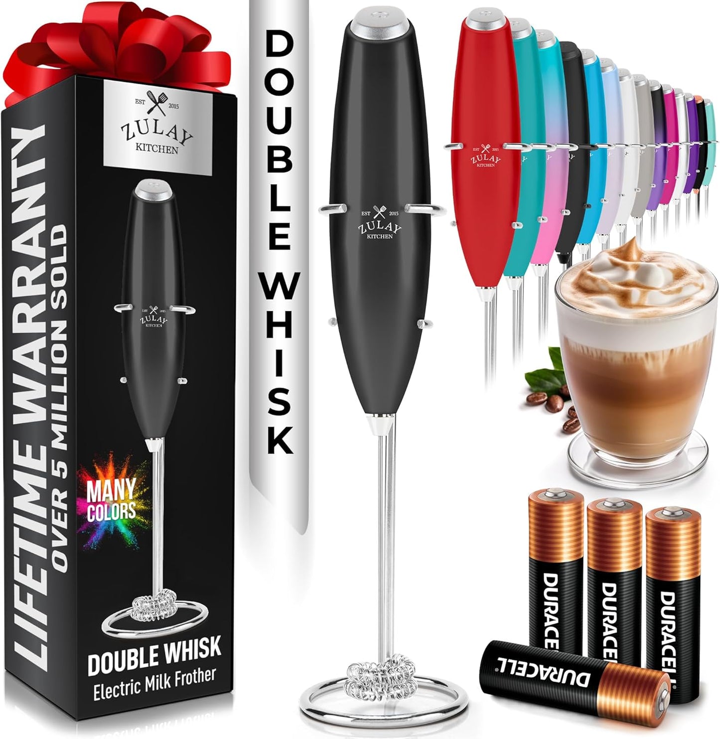 Zulay Kitchen Whisk Milk Frother - Powerful Handheld Foam Maker for Coffee & Lattes | Includes 4 Duracell Batteries