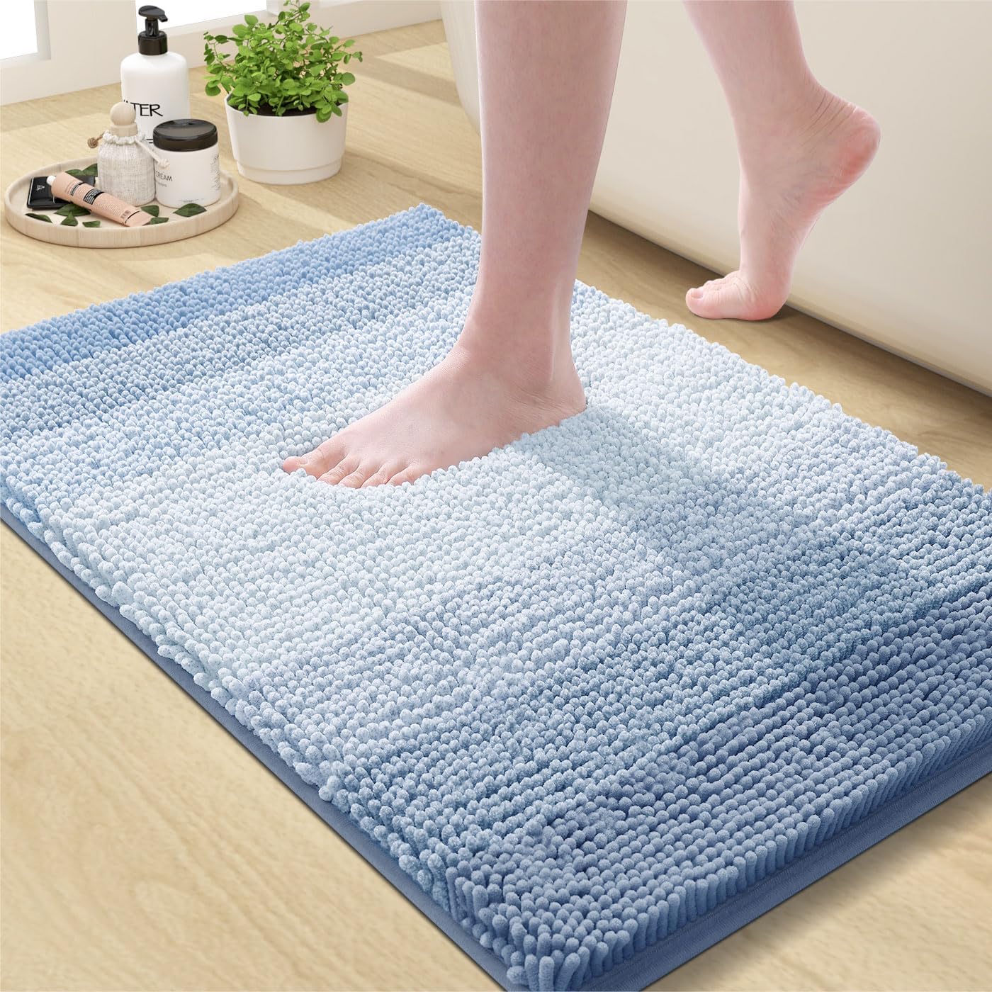 OLANLY Bathroom Rug - Extra Soft Chenille Shaggy Mat | Non-Slip, Machine Washable, 24 x 16 Inch, Blue