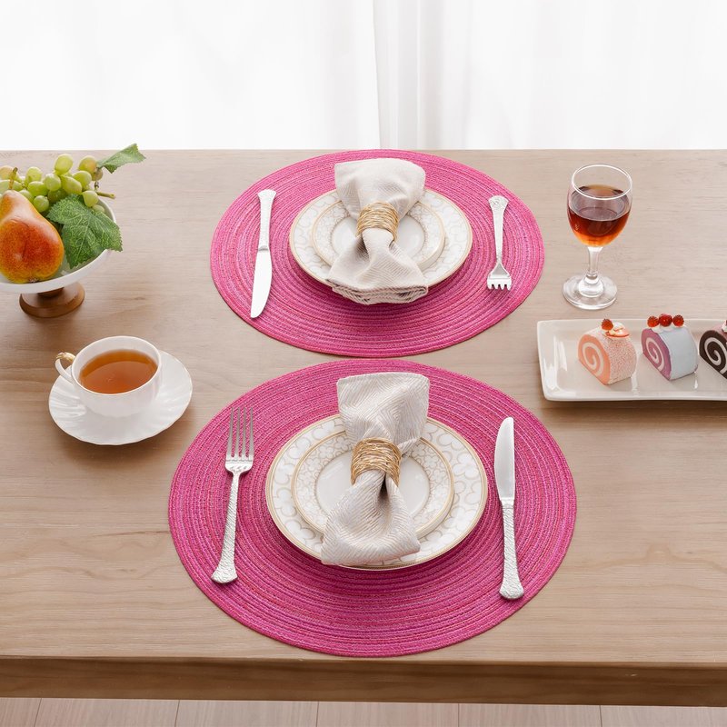 SHACOS Round Braided Placemats Set of 6 Cotton Round Place Mats 15 inch Washable Table Mats for Dining Table Holiday Party (Hot Pink, 6)