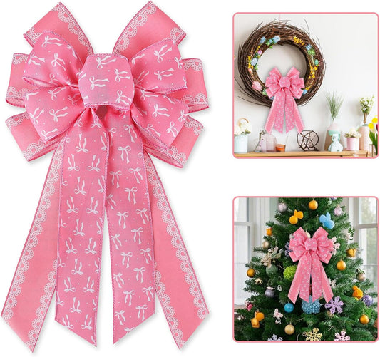 Pink Coquette Wreath Bow - Girly Lace Burlap Ribbon for Front Door & Birthday Party Decor | Large Wired Bow