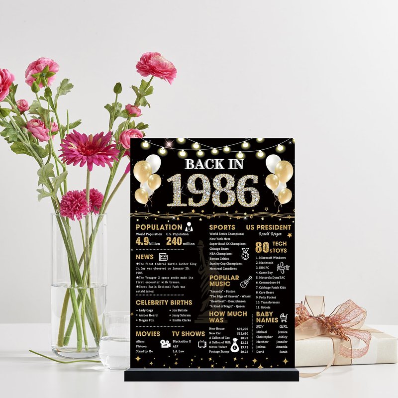 Roetyce 40th Birthday Decorations Gift for Women Men, Black Gold Back in 1986 Poster Acrylic Sign Centerpiece(1PC Duplex Printing), 40th Anniversary Table Decor, 40 Years Old Birthday Party Supplies