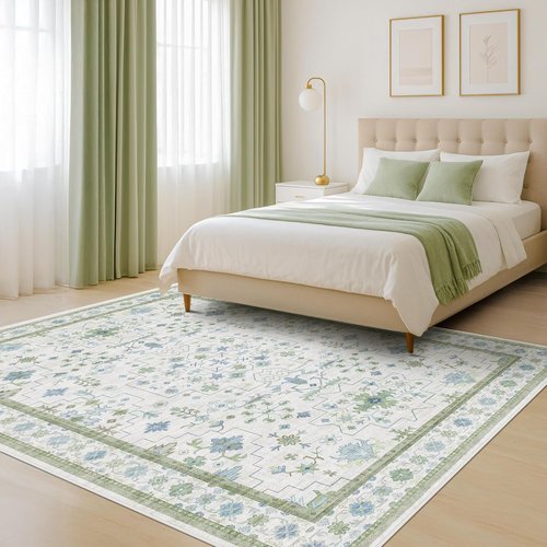Hazo Haus Oushak Area Rug - Vintage Boho Floral Geometric Design, 5x7, Washable Low Pile, Non-Slip