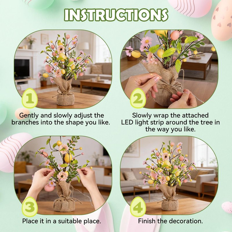 Easter Decorations, Pre-Lit Easter Egg Tree Tabletop Decor with Delicate Ornaments, for Home Easters Party Wedding Holiday Spring Summer Kitchen Dining Table Decor (Pink)