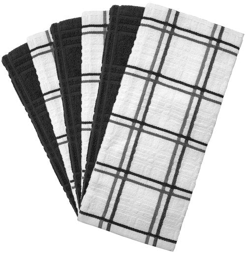 Dish Towel 16"x26" | Grey Windowpane Design | Kitchen Hand Towels, Large Tea Towel Set | Natural Ring Spun Cotton Dish Towels for Kitchen | Soft, Highly Absorbent | 400 GSM – 6 Pack