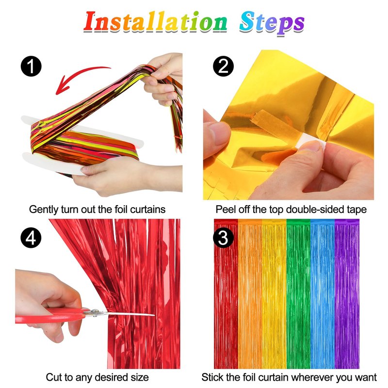ZATAYE 4 Pack Pride Decorations, 3.28 FT x 7.05 FT Rainbow Backdrop, Metallic LGBT Party Decor Foil Tinsel Party Streamer Backdrop Curtains, Rainbow Curtains Birthday Photo Booth Props