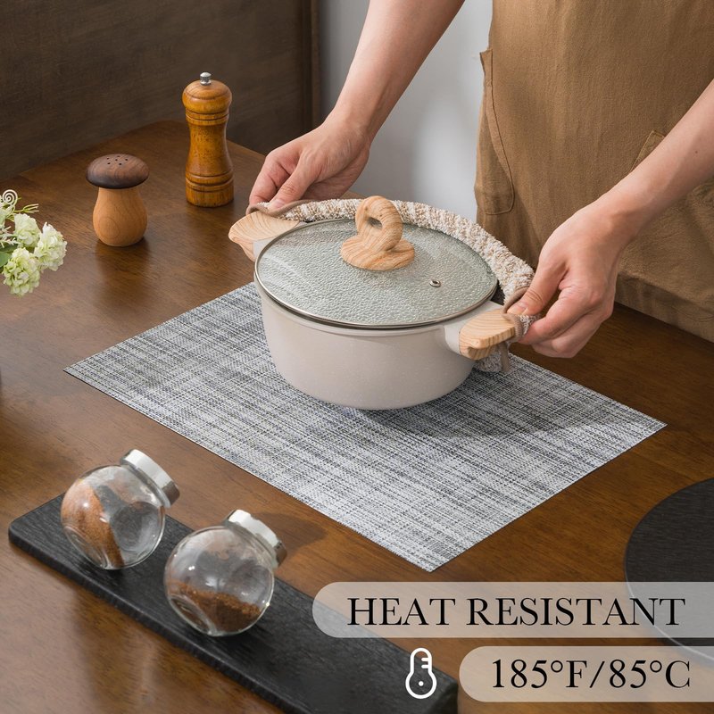 BACKTOEDEN Placemats Set of 6 Heat Resistant Washable Wipeable Placemat Woven Non-Slip Foldable Vinyl/Plastic Place Mats Indoor/Outdoor Mat Kitchen Dining Table Pad, Gray