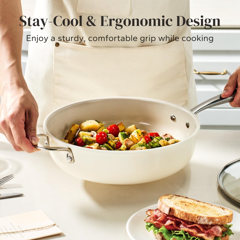 Redchef Ceramic Saute Pan with Lid, Nonstick Deep Frying Pan, 5QT Jumbo Cooker with Helper Handle & Lid, Non Toxic Ceramic Cooking Pan, Chef Pan, Dishwasher & Oven Safe, PFAS PFOA & PTFE Free