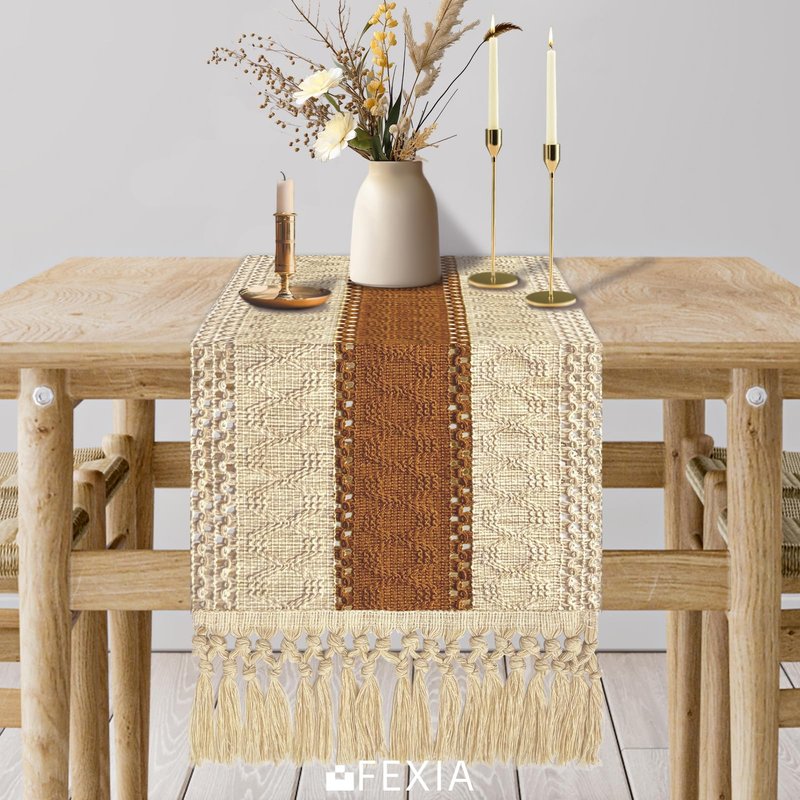 FEXIA Boho Table Runner 36 Inches Long Thanksgiving Decor Macrame Table Runner Farmhouse Stylewith Tassels for Party Bohemian Rustic Wedding Bridal Shower Dining Decor Middle Brown (12x36 Inches)