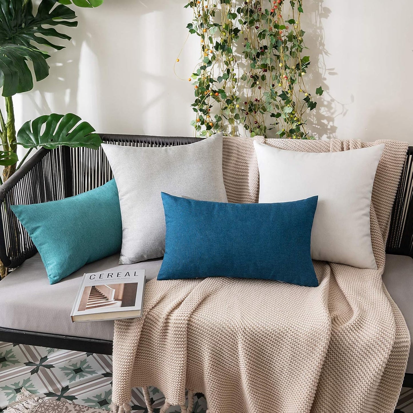 MIULEE Decorative Outdoor Throw Pillow Covers - Waterproof Faux Linen Cushion Cases | 22x22 Inch White (Pack of 2)
