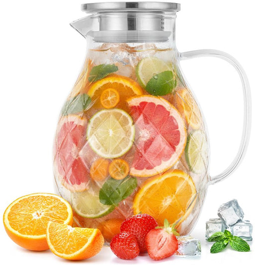 Premium Borosilicate Glass Pitcher with Lid and Spout - 2 Liter / 68 oz, Borosilicate Glass with Handle - Carafe for Hot/Cold Beverages - Water Jug - Iced Tea Pitcher - Juice Server