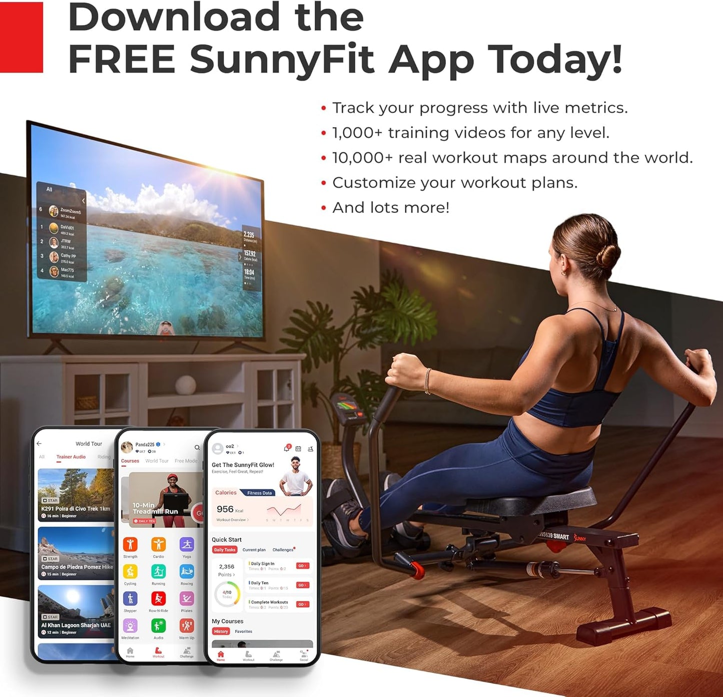 Sunny Health & Fitness Foldable Rowing Machine for Home - Full-Body Low-Impact Workout, Quiet Operation & Free SunnyFit App