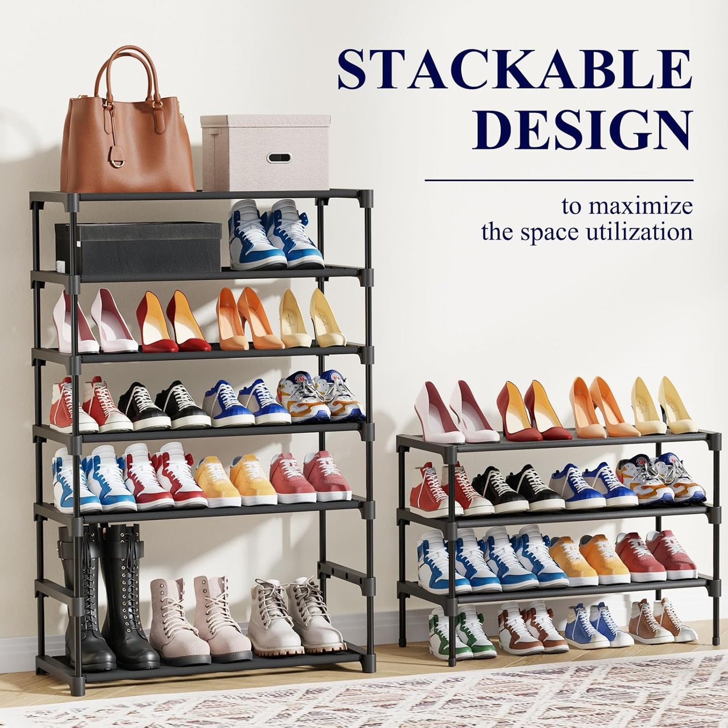 Kitsure Shoe Rack - Stackable Non-Woven Shoe Organizer for Closet & Entryway | 5-Tier, 27.5" Wide, Black (Pack of 2)