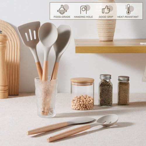 E-far Silicone Cooking Utensils Set - 10-Piece Heat Resistant Kitchen Tools with Wooden Handles | Non-Toxic Khaki