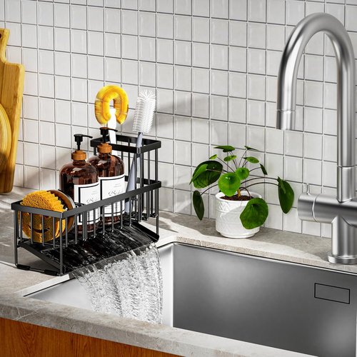 Cisily Extra Large Kitchen Sink Caddy Organizer - Rustproof Stainless Steel with Brush & Sponge Holder | Soap Dispenser Included