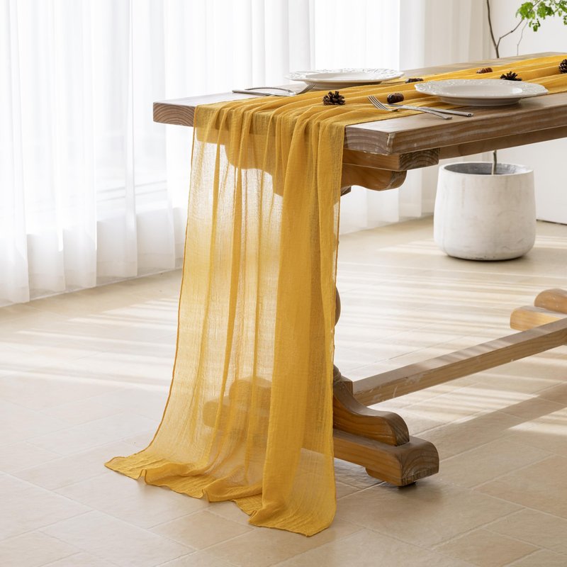 Keketoarrange 10pcs Golden Gauze Rustic Cheesecloth Table Runner 120 Inch 10 FT for Wedding Baby Shower Bridal Shower Birthday Engagement Garden Outdoor Party Long Sheer Boho Decorations