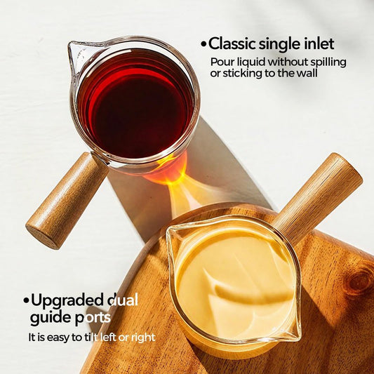 YARRAMATE 2.5 oz/75ML Espresso Cups with Wood Handle, Clear Glass Espresso Accessories, Double Spout Measuring Cup with Dual Scale, Espresso Shot Glass with V-Shaped Spout, Dishwasher Safe