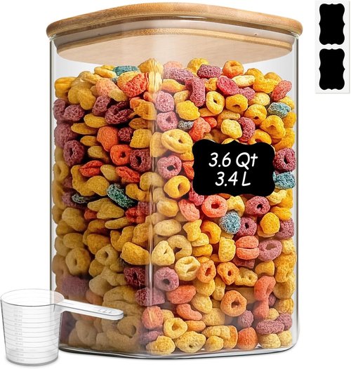 ComSaf Glass Food Storage Containers - 3.6Qt Airtight Cereal Jars with Bamboo Lids | Ideal for Rice, Pasta, Grains