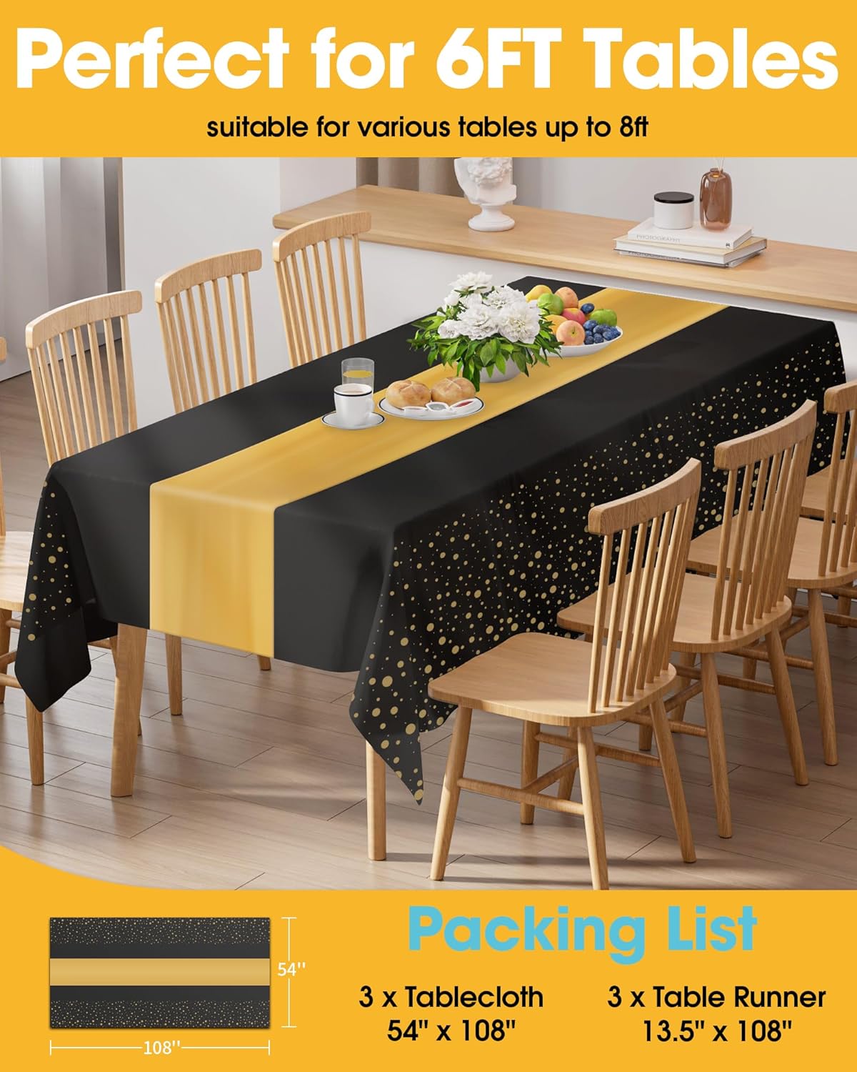 Niuara Table Cloth Set - Black & Gold Disposable Rectangle Table Cover & Runner | 3+3 Pack for Events