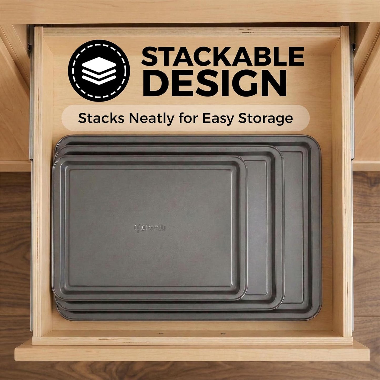 PERLLI Non-Stick Baking Pan Set - 3-Piece Carbon Steel with Even Heat Distribution | Oven Safe to 446°F, BPA-Free, Dishwasher Safe, Stackable - Gray