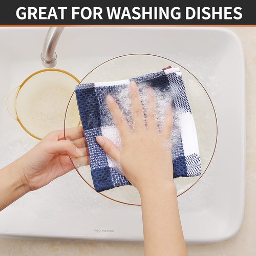 Homaxy 100% Cotton Waffle Weave Check Plaid Dish Cloths, 12 x 12 Inches, Super Soft and Absorbent Dish Towels Quick Drying Dish Rags, 6-Pack, White & Navy Blue