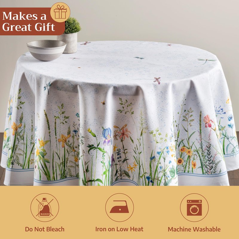 Maison d' Hermine Table Cloth Round Table 100% Cotton 69 Round Inches Tablecloth Reusable Decorative for Dining Kitchen Room Farmhouse Home Gifts for Mothers Day Spring Summer - Fleurs De Mai