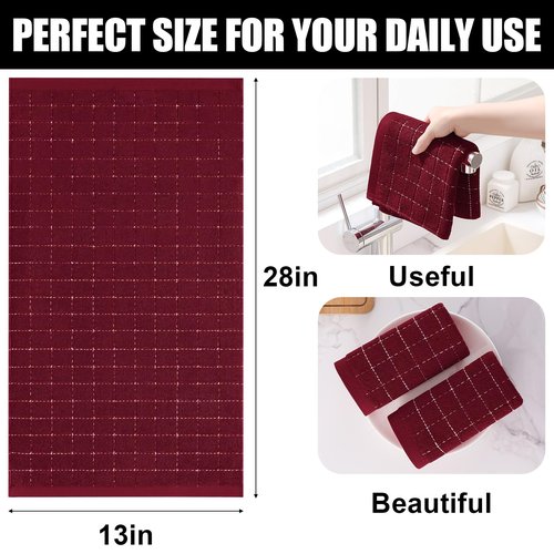 Homaxy 100% Cotton Terry Kitchen Towels(Burgundy Red, 13 x 28 inches), Checkered Designed, Soft and Super Absorbent Dish Towels, 4 Pack
