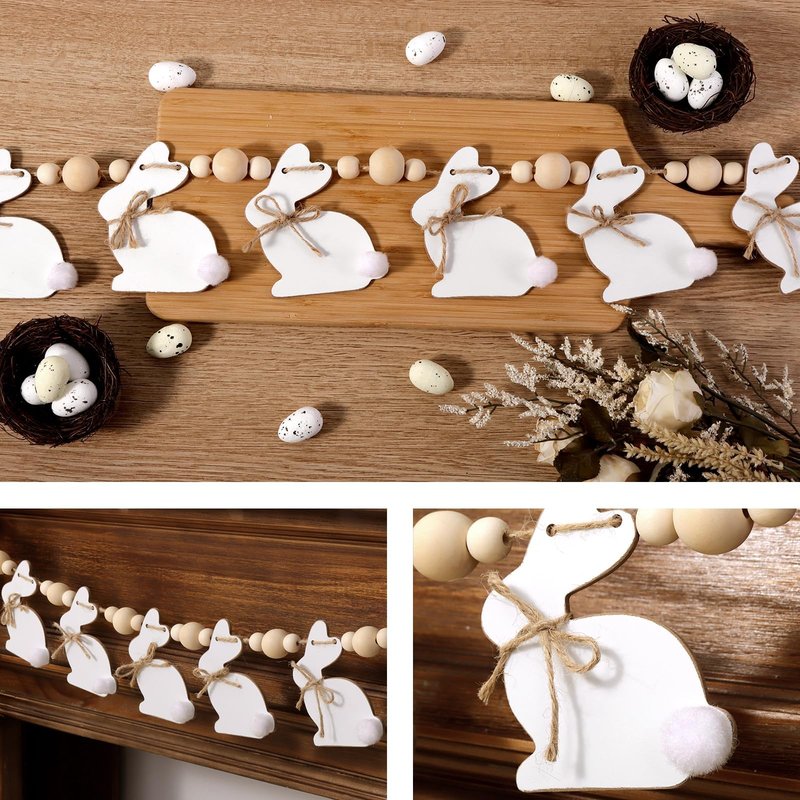 Easter Decorations Garlands, Cute Bunny Easter Garland with Wooden Beads, Rustic Banner for Mantel, Fireplace, Wall, Home, Farmhouse, Office, School Indoor Spring Decor Supplies
