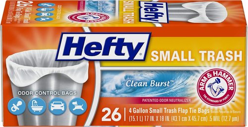 Hefty Small Garbage Bags - Flap Tie Design with Clean Burst Scent | 4 Gallon, 26 Count