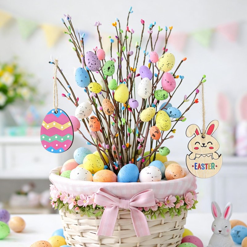 KENJOVIVO Artificial Easter Spray Vine with Pastel Easter Eggs and Berries, Wooden Eggs, Wood Rabbit & Happy Easter Ribbon, Easter Egg Twig Branches for Spring Floral Stems Home Decoration