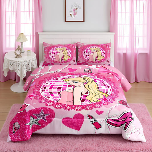 Pink Girly Princess Kids Comforter Set Full Size,High-heeled Shoes Lip Bowknot Romantic Bedding Set,Beauty Girls Room Decor,Glitter Sequin Diamond Down Comforter,Dreamy Duvet Insert,2 Pillowcases